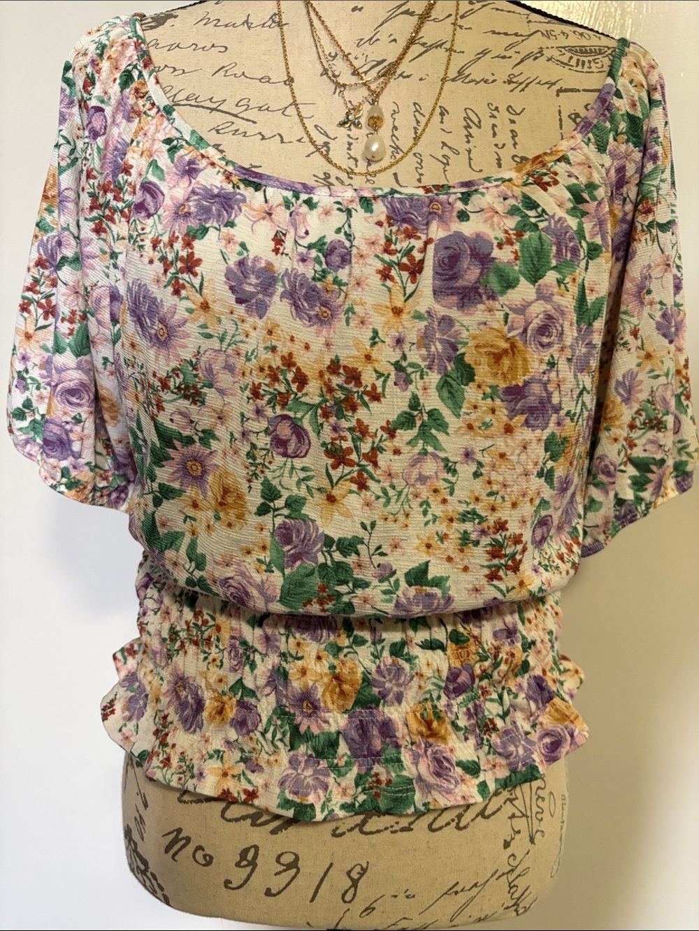 Lavish *Floral Puff-Sleeve Peplum Top - Purple & Yellow